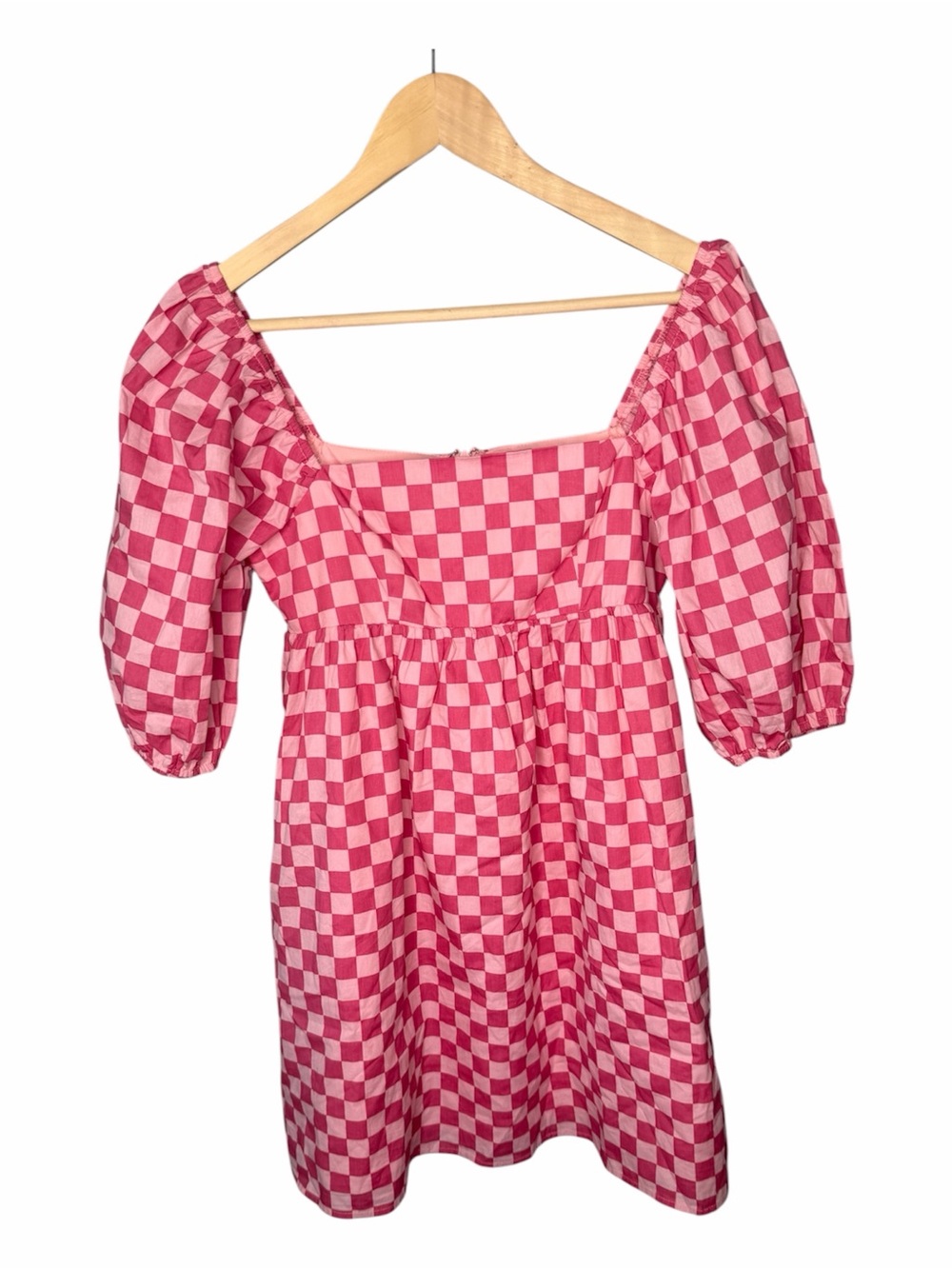 Moodie Pink Checker Square Neck Puff Sleeve Babydoll - Picture 2 of 10